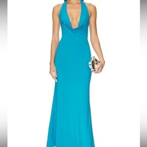 Plunging Halter Maxi Dress in Turquoise